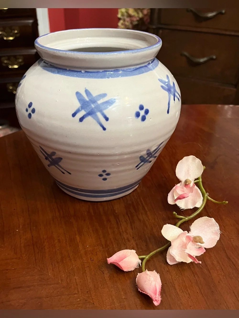 VTG Tury Studio Art Pottery Salt Glaze Vase Cobalt Blue Folk Art Pattern
